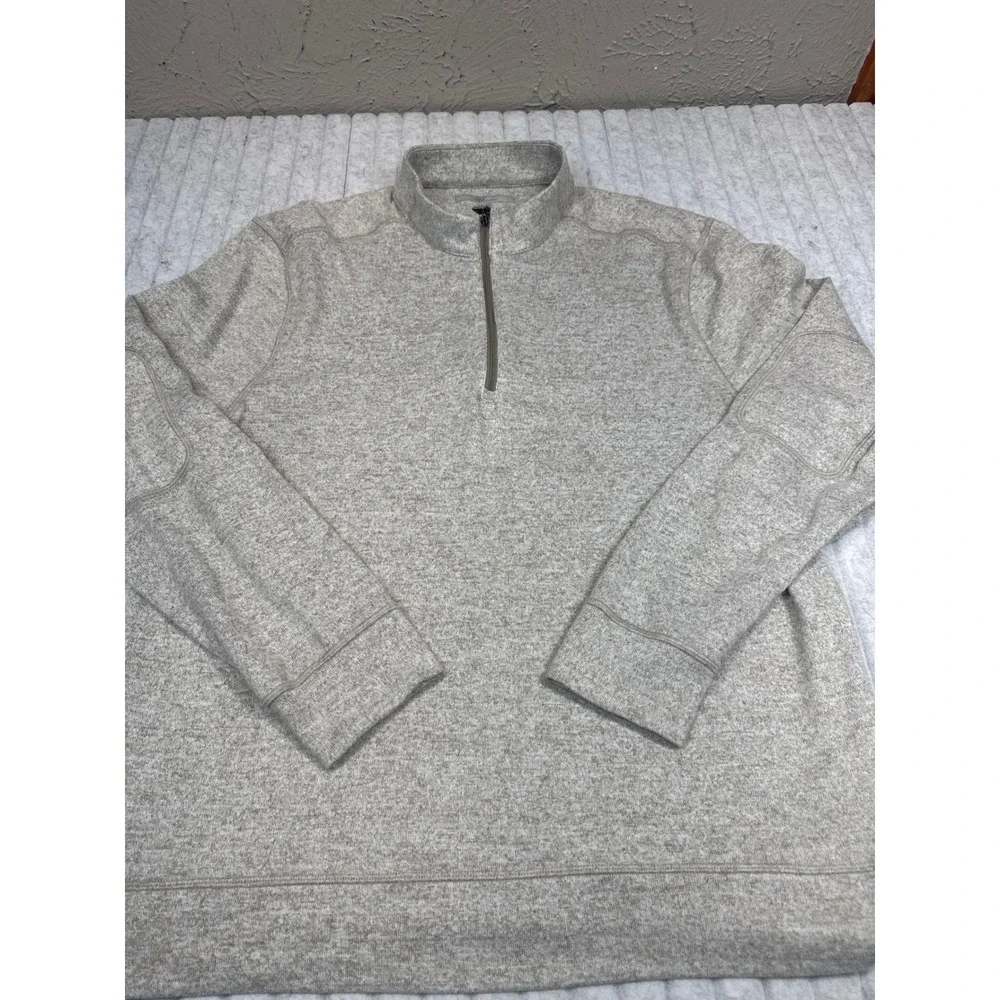Greg‎ Norman Mens Large Quarter Zip Pullover Sweater Oatmeal Beige Elbow Patches